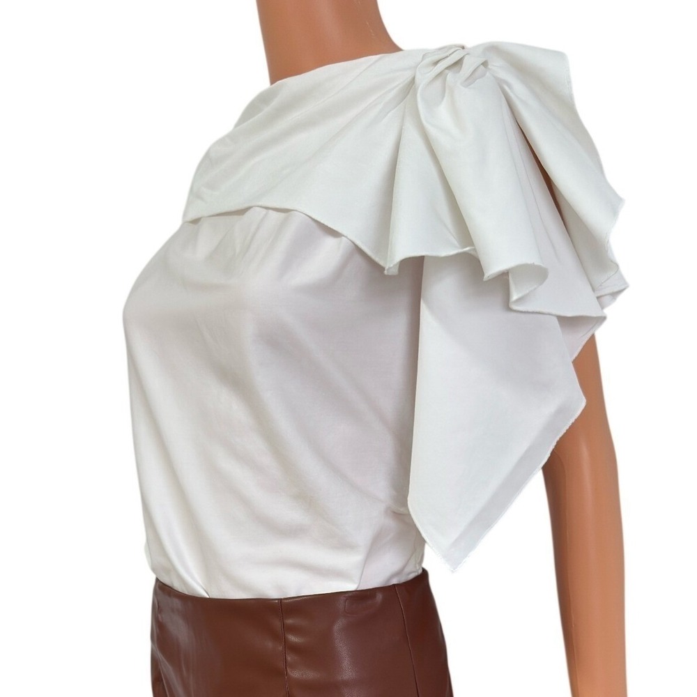 Rachel Roy‎ White One Shoulder Ruffle Blouse Top Size 6 Side Zip Cotton Blend